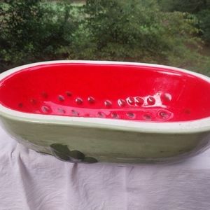 Vintage Watermelon Themed Fruit Serving Bowl Glazed 13¾" Across W Painted Vines